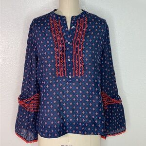 J. Crew Navy and Red Embroidered Blouse